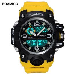 Men Sports Watches BOAMIGO Brand Digital LED Orange Shock Swim Quartz Rubber Wristwatches Waterproof Clock Relogio Masculino 210407