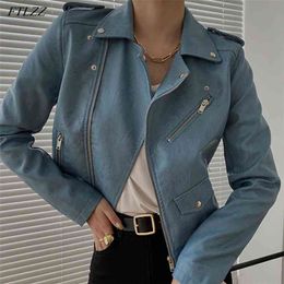 Women Spring Faux Soft Leather Jacket Zipper Design Motorcycle PU Blue Long Sleeve Pink Biker Coat 210430