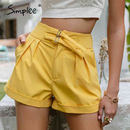 Fashion casual solid high waist draped summer Tie up hemmed shorts zipper street bottoms pockets ladies 210414