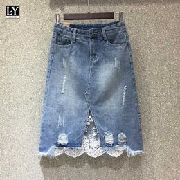 LY VAREY LIN Spring Women Denim Skirts Casual Lace Irregular A-line High Waist Hole Split Skirt Lady 210526