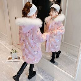 Winter Girls Hooded Fur Collar Cotton Coat Mid-length Children's Padded Warm Snow Jacket Kids Fashion Waterproof Outwear TZ788 211203