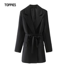 Toppies Fashion Black Long Belt Jacket Blazer Woman Double Breasted Suit Jacket Coat Female Blazer Dress 210412