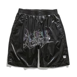 Shiny Leather Shorts Men Summer Reflective Letter Printed Beach Pants Fashion Harajuku Plus Size 5XL Trousers Male 210806