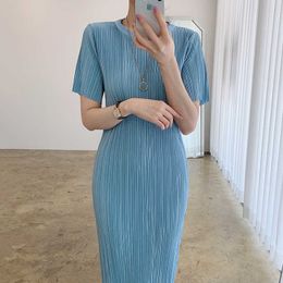 Korejpaa Women Dress Summer Korean Fashion Chic Elegant Solid Color O Neck Texture Drape Solid Color Slim Long Slit Dresses 210526