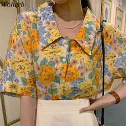 Vintage Oil Print Shirt Women Turn Down Collar Short Sleeve Loose Blouses Summer Blusas Mujer Korean Fashion Tops 4j228 210519