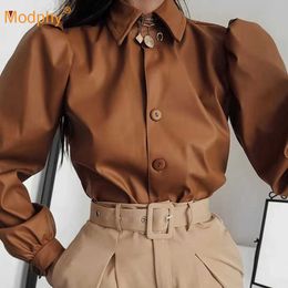 Autumn Matte Leather Women'S Workplace Solid Color Shirt Fashion Lapel Puff Sleeve Single-Breasted Retro Casual 210527