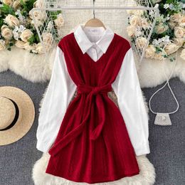 Female Solid Chic Fashion Spring Summer Vintage Bandage Long Sleeve Turn Down Collar Casual Ladies Dress 210520