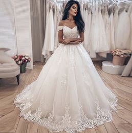 Off the Shoulder A Line Lace Wedding Dresses with Appliques Lace-up Back Sweep Train Tulle Plus Size Bridal Gowns