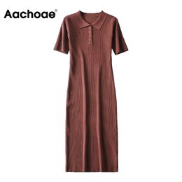 Aachaoe Women Solid Causal Knitted Midi Summer Short Sleeve Elegant Straight Dress Turn Down Collar Chic Dresses 210413