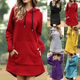 Women Solid Hoodies Dress Autumn Warm Oversized Long Sleeve Sweatshirt Casual Pocket Irregular Hem Female Long Hoody Dresses X0629