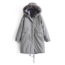 Winter Thick Parkas Women Fashion Fur Hooded Jackets Elegant Ladies Pockets Drawstring Cotton Padded Coats 210520