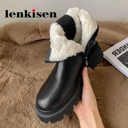 Lenkisen Boots Round Genuine Leather 2024 Toe High Heels Snow Wool Winter Keep Warm Comfortable Brand Ankle L2 49
