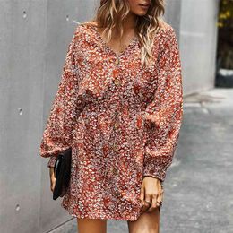 oversized floral print dress women autumn winter long sleeve elegant ladies loose casual short 210427