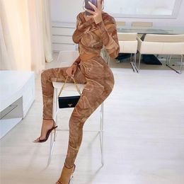 Women's Two Piece Pants 2021 Winter Casual Women Bodycon Tracksuit Yoga 2 Sets Fall Printed Full Sleeve Crop Tops Fashion Pencil Female