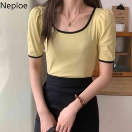 Neploe Women Puff Short Sleeve T Shirt Summer Slim Thin Knitted Tops Mujer Korean Basic Chic Tees Loose Casual Shirt 4i780 210422