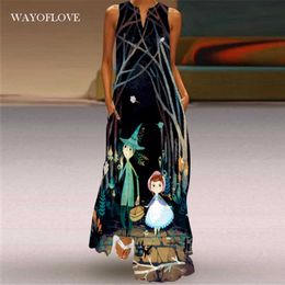 WAYOFLOVE Character Cartoon Print Dress Black Casual Plus Size Long Dresses Summer Woman Sleeveless Girls Beach Dress Women 210602