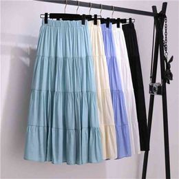 Summer Cotton Skirt Women High Waisted Long Skirt Femme Casual Solid A-line Skirts Women Jupe Femme Green Skirts 210412