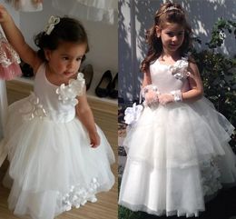 Cute Satin Tulle Hand Made Jewel Sleeveless Floor Length Tiers Beautiful White Flower Girl Dresses