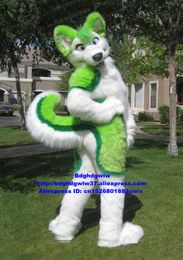 Mascot Costumes Green White Long Fur Furry Wolf Fox Husky Dog Fursuit Mascot Costume Adult Suit Character People Wear Company Celebration zx
