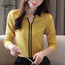 Casual V Neck Pullover Chiffon Shirt Women Elegant Autumn Long Sleeve Solid Tops Chemisier Femme 7201 50 210521