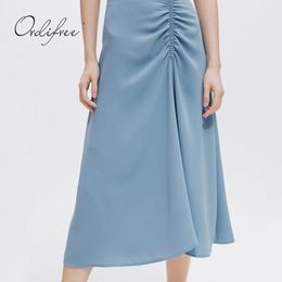 Summer Vintage Women Satin Draped Slim Elegant Shiny Silk Party Midi Skirt 210415