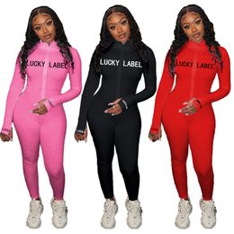 Women Clothes Embroidered Letter Zipper Jumpsuits Onesies Casual Sport Zipper Rompers Fashion Skinny Solid Playsuit K8695