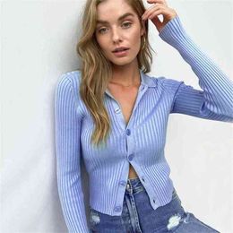 Women Turn Down Collar Ribbed Sweater Shirt Button Through Knit Cardigans 210512