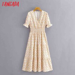 Summer Women Yellow Floral Print French Style Short Sleeve Ladies Midi Dress Vestidos 1F125 210416