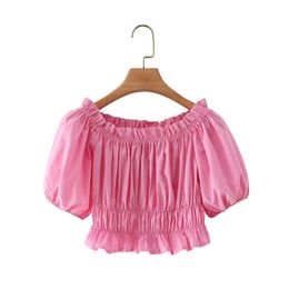 Summer Women Slash Neck Pink Short Blouse Female Puff Sleeve Smock Shirt Casual Lady Crop Tops Blusas S8770 210430