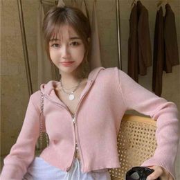 Knit Sweater Women Pink Slim-fit Hooded Top Spring Short Two-way Zipper Cardigan Jacket 210529