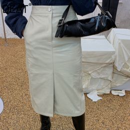 Autumn And Fashion Casual High Waist Leather Solid Colour A-line Medium Length Thin Hip Skirt Women SH369 210421