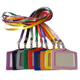 lanyards for id UK - Card Holders 1pc PU ID Name Tag Work Holder With Neck Strap Lanyard For Company Employees Staff Workers Badge Pass Bus Cover