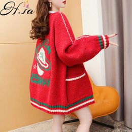 H.sa Women Sweater Cardigan Fall Korean Style Long Red Knit Jacket Sweater Coat cardigan mujer Kimono oversized cardigan 210716