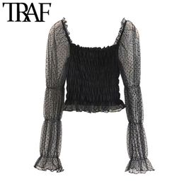 Women Sexy Fashion Smocked Elastic Ruffled Cropped Blouses Vintage See Through Long Sleeve Female Shirts Chic Tops 210507