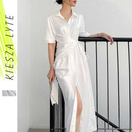 White Shirt Dress Bind Waist Summer French Fashion High-grade Satin Short Sleeve Midi Dresses 210608