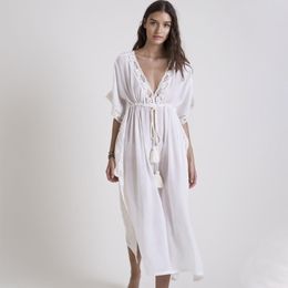 Sexy Bikini Cover-ups White Cotton Tunic Cusual Summer Beach Dress Elegant Women Plus Size Wear Swim Suit Cover Up Q1132 210420