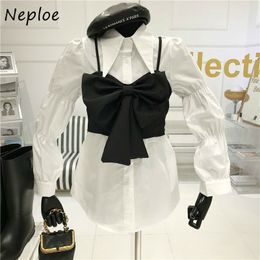 Neploe Work Style Ol Temperament 2 Pcs Women Set Turn Down Collar Long Sleeve Shirt + Sleeveless Bow Design Drape Camis Suit 210423