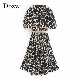 Women Fashion Animal Print Midi Dress With Belt Puff Short Sleeve Ruffles Dresses Turn Down Collar Office Shirt Dress 210414