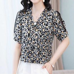 Korean Chiffon Women's Shirt Blouses for Women Short Sleeve Leopard Female Top Scarf Collar Blouse Woman blouse 210604