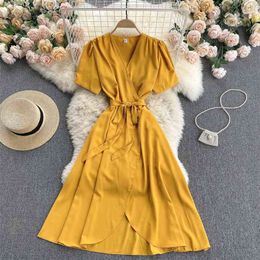 Women's Summer Dress Fashion Simple Solid Colour V-neck Short Sleeve Casual A-line Clothes Vestidos S324 210527