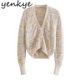 Women Pointelle Knit Cardigan Sexy V Neck Long Sleeve Outerwear Fashion Hollow Out Sweater Plus Size Tops 210514