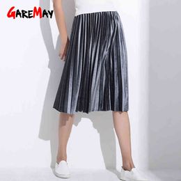 Women Skirt Pleated Faldas Largas Jupe Femme Long Warm High Waist Skirts For Elegant Female Green Velvet Retro 210428