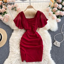 Neploe Sqaure Collar Sexy Clavicle Exposed Solid Dress High Waist Hip Bodycon Vestidos Pullover Short Sleeve Robe Summer 210423