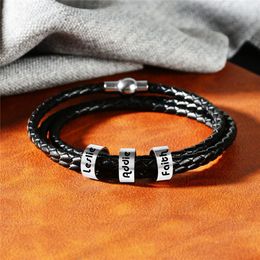 Women Mens Stainless Steel Charm Bracelets Genuine Leather Braided Rope Custom with 1-9 Names Beads Gift Personalized Jewelry