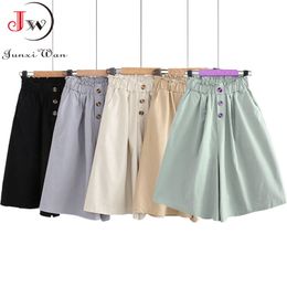 Women Elegant Fashion Wide Leg Shorts Skirts Korean Style Casual Loose Solid Elastic Waist Streetwear Flare Short Pants 210510