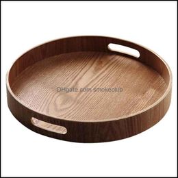 Kitchen Housekee Organisation Home & Gardenround Serving Bamboo Wooden Tray For Dinner Trays Bar Breakfast Container Handle Storage Zzd8861