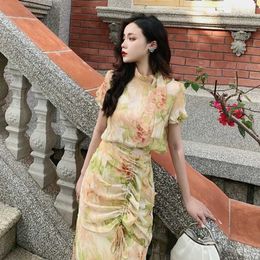 Summer Fashion Matching Sets Temperament Retro Short Sleeve Stand Collar Blouse Print Tops Drawstring Wrap Hip Skirts Floral 210610