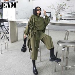 [EAM] Wide Leg Pants Ruffles Big Size Two Piece Suit Lapel Long Sleeve Black Loose Women Fashion Spring Autumn 1Z84706 211109