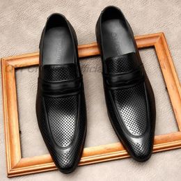 Handmade Mens Pointed Toe Loafers Breathable Genuine Leather Brown Black Casual Dress Shoes Mens Wedding Party Shoes For Men