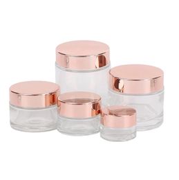 Frosted Glass Jars Face Cream Bottles Refillable Cosmetic Containers with Rose Gold Cap 5g 10g 15g 20g 30g 50g 100g Lotion Lip Balm Packing Bottle